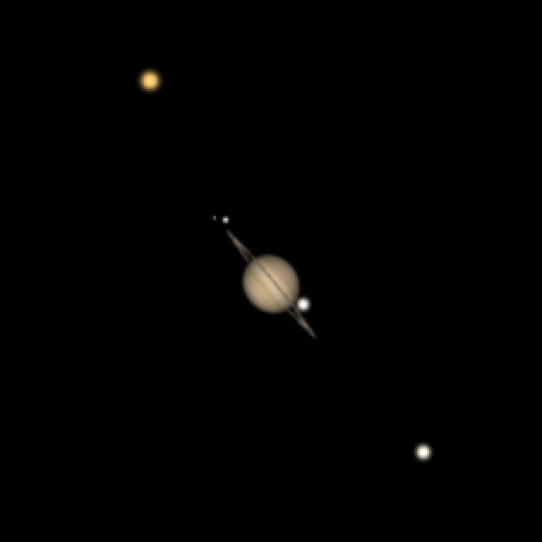 Saturno e suas luas brilham no céu de setembro, simulação feita pelo Clube Centauri no Stellarium. Créditos: Rodrigo Raffa/Stellarium 